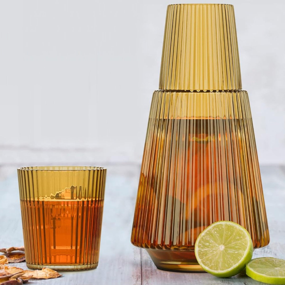 VINTAGE RIBBED AMBER  2 PC WATER CARAFE SET: BOTTLE 4.52"D x 8.66"H 1100 ml/37.19 oz, CUP 3.03"D x 3.34"H 220 ml/7.43 oz RB