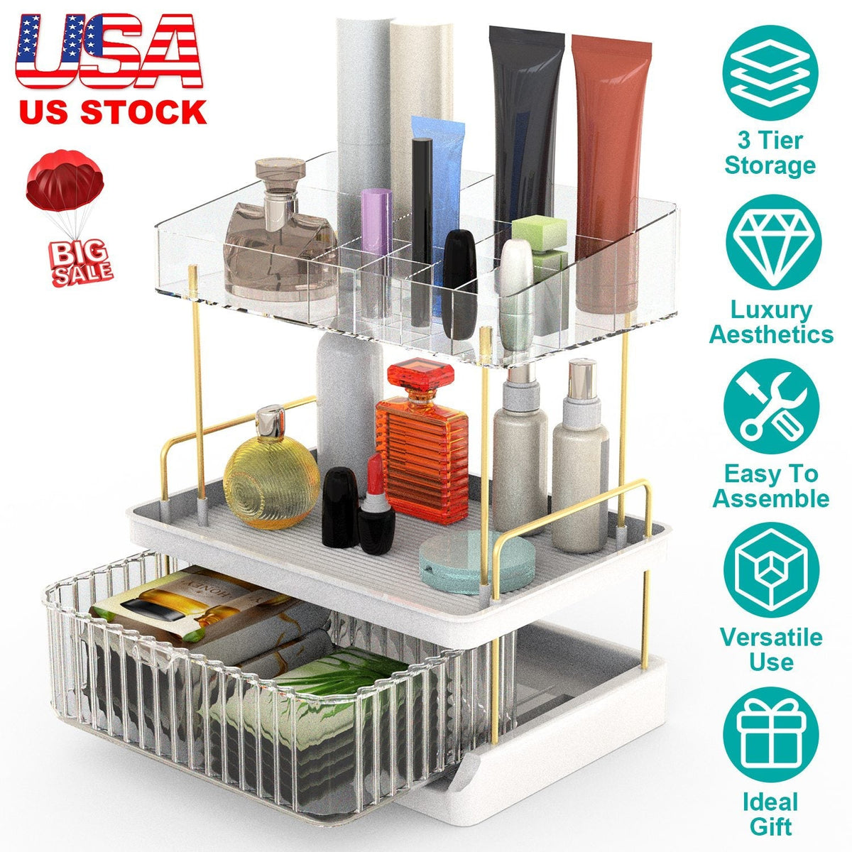 3 Tier Makeup Organizer for Vanity Large Capacity Skincare Shelf Bathroom Countertop Organizer with Drawer for Lipsticks Lotion Toner Perfumer Masks