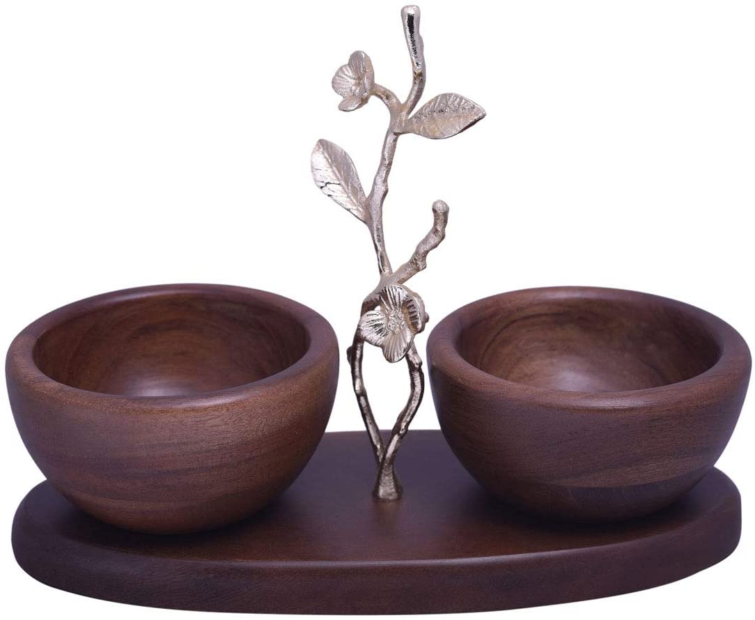 Acacia Wood Nut Bowls – Two Small Wooden Serving Bowls on Oval Tray