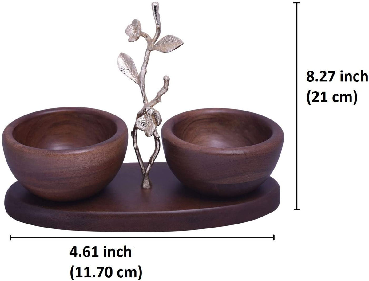 Acacia Wood Nut Bowls – Two Small Wooden Serving Bowls on Oval Tray