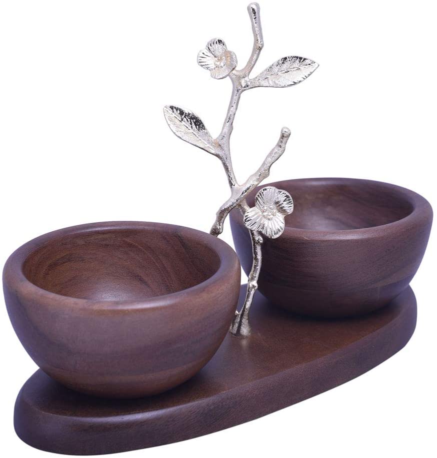 Acacia Wood Nut Bowls – Two Small Wooden Serving Bowls on Oval Tray