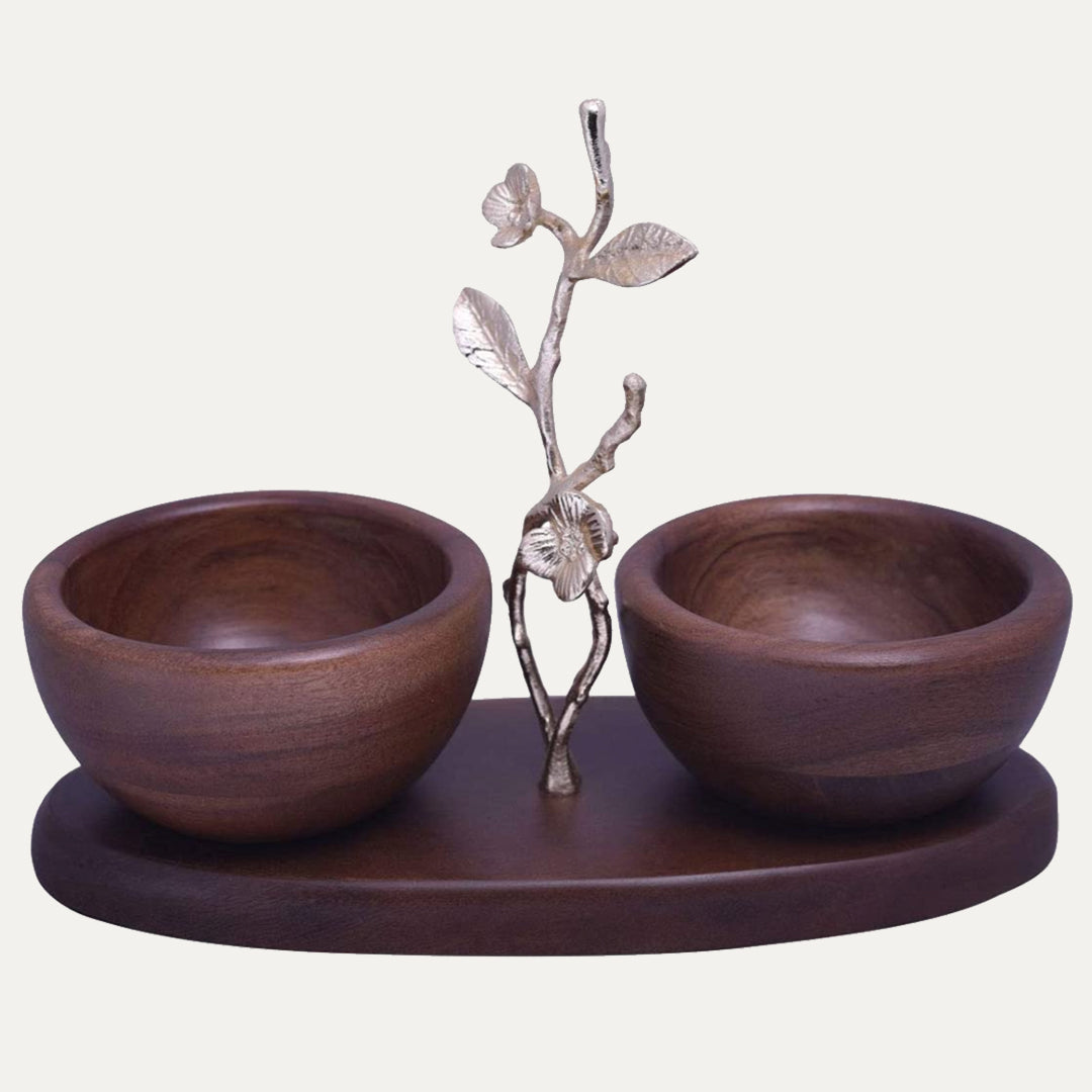 Acacia Wood Nut Bowls – Two Small Wooden Serving Bowls on Oval Tray