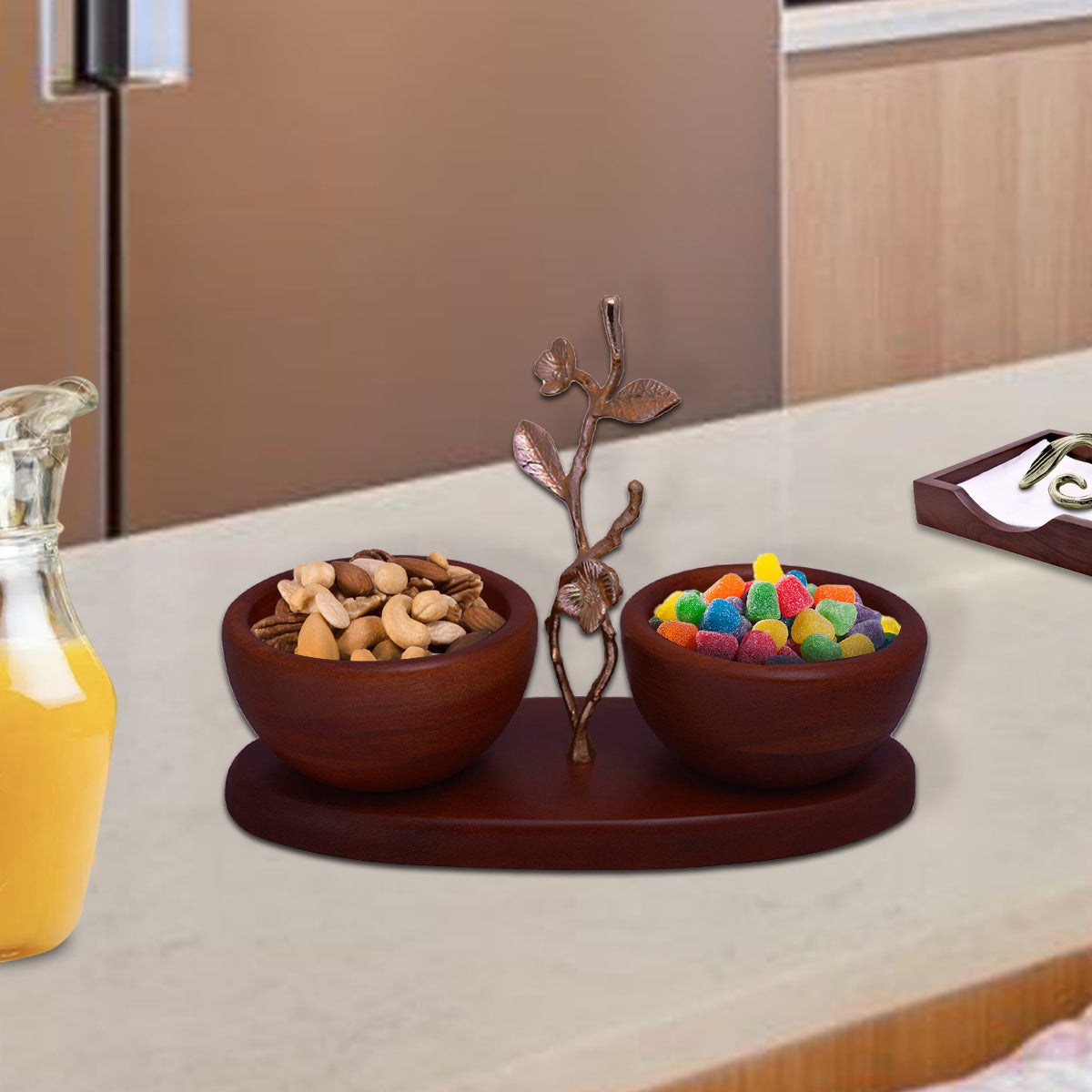 Acacia Wood Nut Bowls – Two Small Wooden Serving Bowls on Oval Tray