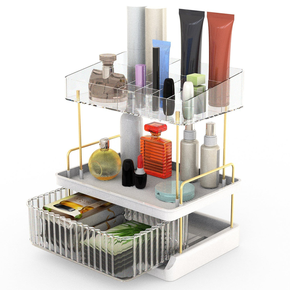 3 Tier Makeup Organizer for Vanity Large Capacity Skincare Shelf Bathroom Countertop Organizer with Drawer for Lipsticks Lotion Toner Perfumer Masks