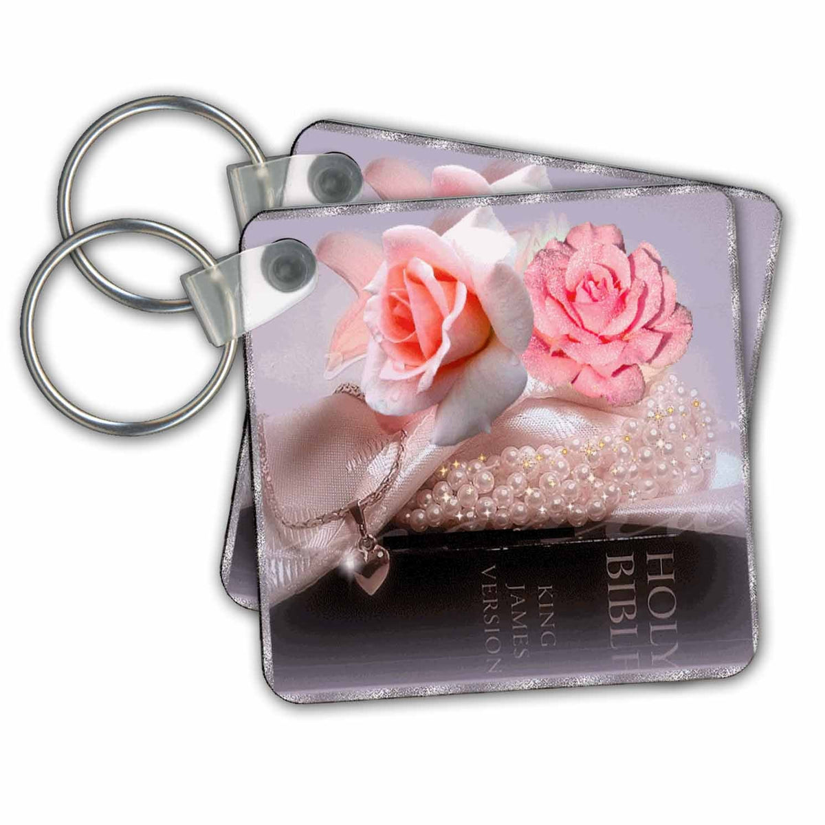 3dRose Key Chains Bible Art Beautiful salmon colored roses and the Holy Bible graphic art (kc-52223-1)