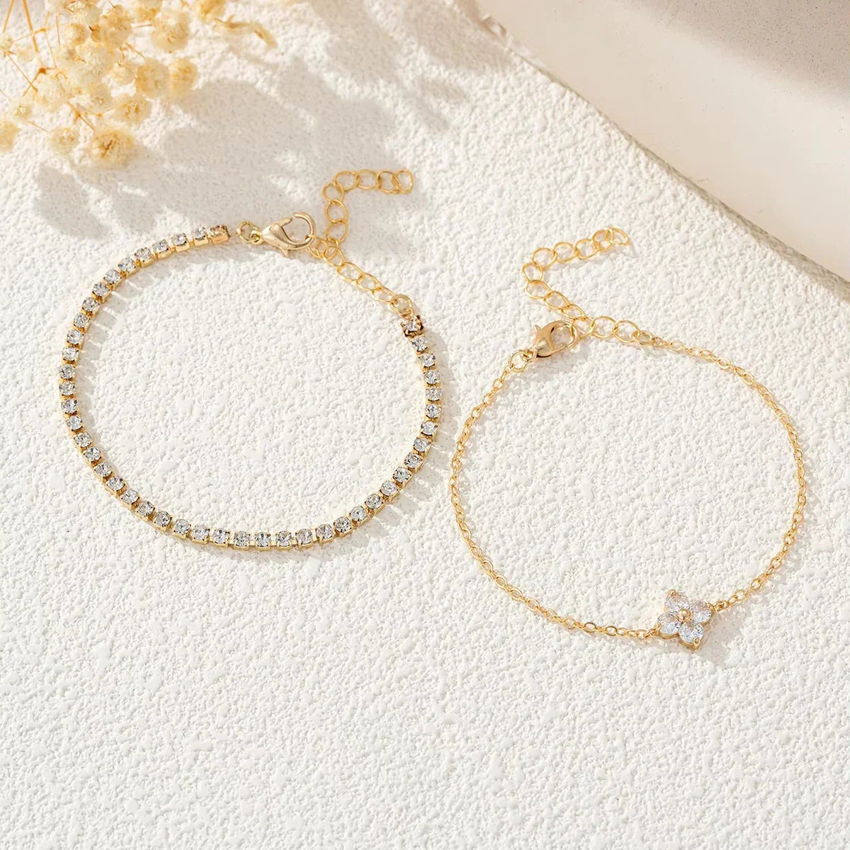 2pcs Simple Cubic Zirconia Flower Water Chain Women's Bracelet Set Daily Minimalist Silver Color Bracelet Party Fashion Jewelry