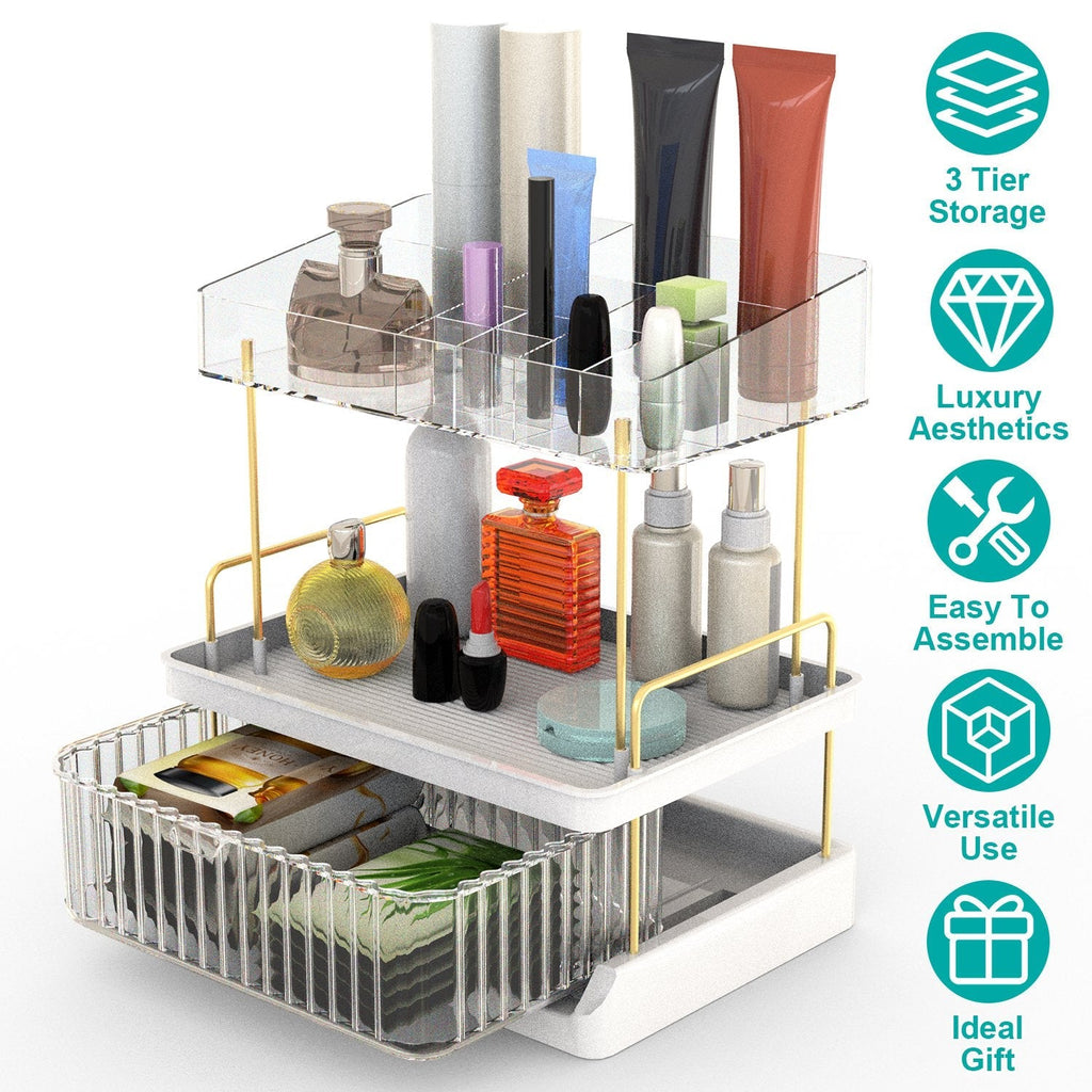 3 Tier Makeup Organizer for Vanity Large Capacity Skincare Shelf Bathroom Countertop Organizer with Drawer for Lipsticks Lotion Toner Perfumer Masks