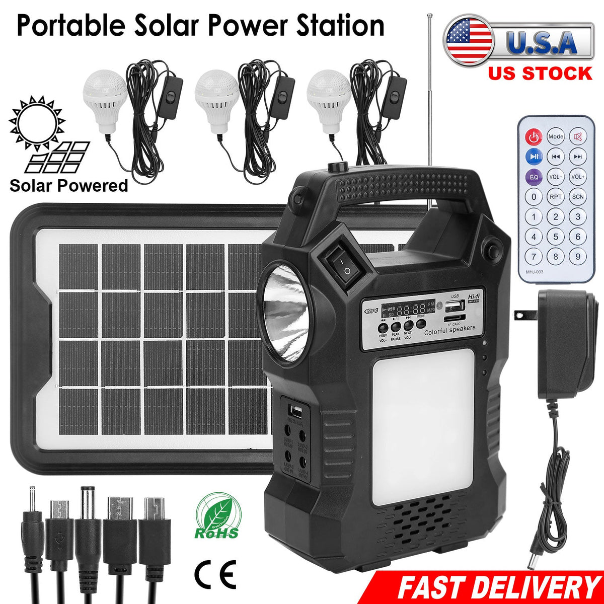 Portable Solar Power Station Rechargeable Backup Power Bank w/Flashlight 3 Lighting Bulbs For Camping Outage Garden Lamp