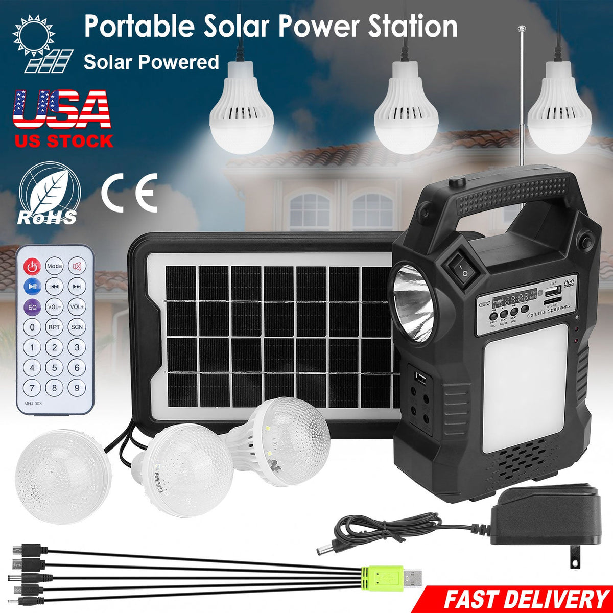 Portable Solar Power Station Rechargeable Backup Power Bank w/Flashlight 3 Lighting Bulbs For Camping Outage Garden Lamp